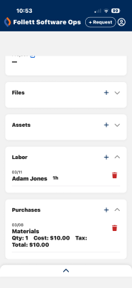 Request details screen with Labor and Purchases cards showing information.